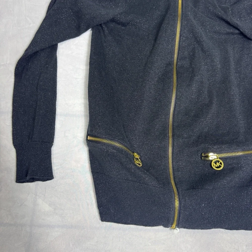 Michael Kors Womens Sweater Black Shimmer‎ Knit Full-Zip Cardigan Long Sleeve S